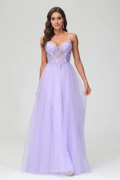 omberprom Elegant Prom Dresses See-through V Neck Evening Dress Rhinestone Tulle Applique Long Dress