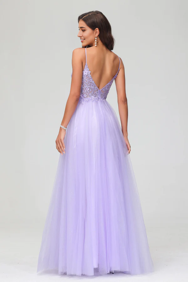 omberprom Elegant Prom Dresses See-through V Neck Evening Dress Rhinestone Tulle Applique Long Dress