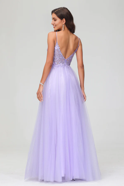 omberprom Elegant Prom Dresses See-through V Neck Evening Dress Rhinestone Tulle Applique Long Dress