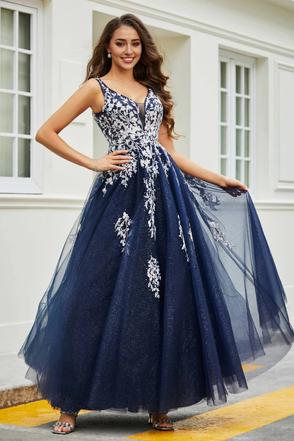 omberprom Elegant Evening Dress A-Line Prom Dresses Applique Tulle Long Gown