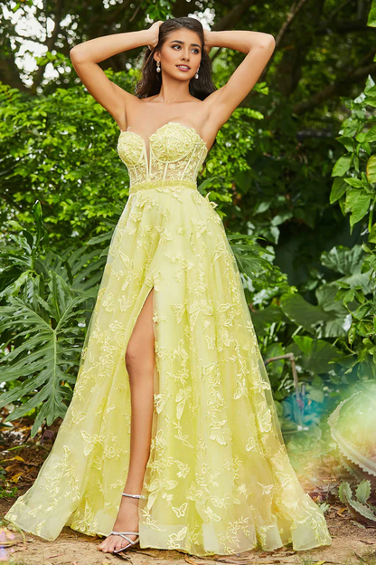 omberprom Fashion Evening Dress Sweetheart Lace Applique A-Line Dress With Slit Prom Dresses