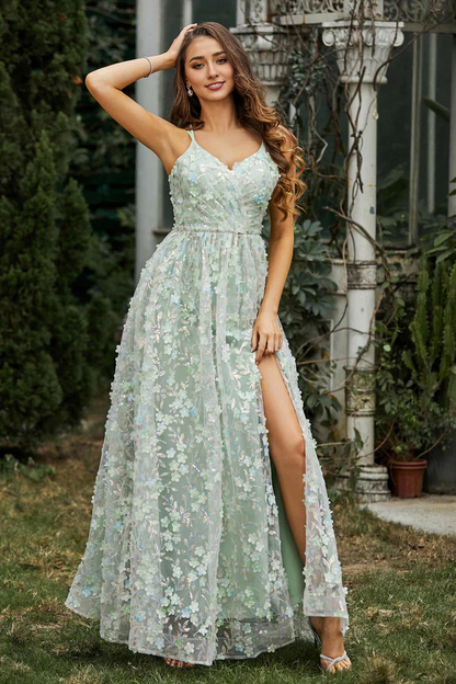 omberprom Fashion Flowers Prom Dresses A-Line Evening Dress Lace Dress With Slit