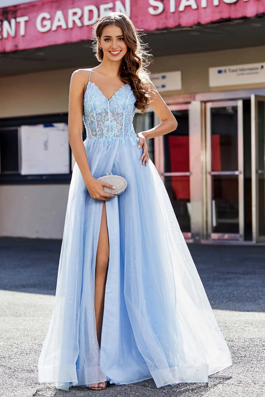 omberprom Elegant A Line Prom Dresses Corset Sequins Top Tulle Gown Evening Dress