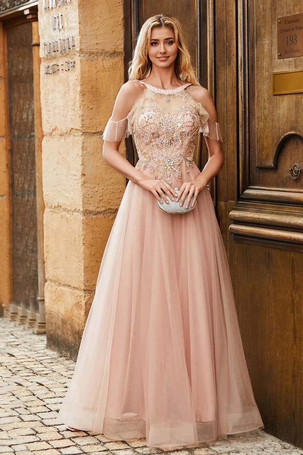 omberprom Elegant Prom Dresses Jewel Rhinestone A-Line Evening Dress Tulle Long Dress