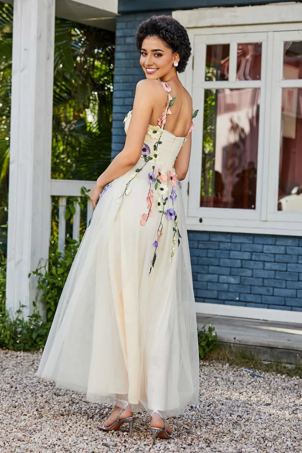 omberprom Elegant Prom Dresses Tea Length Flower Top Ruched Tulle Gown Evening Dress