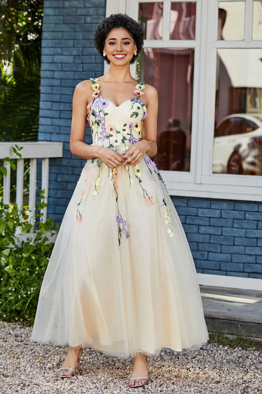 omberprom Elegant Prom Dresses Tea Length Flower Top Ruched Tulle Gown Evening Dress