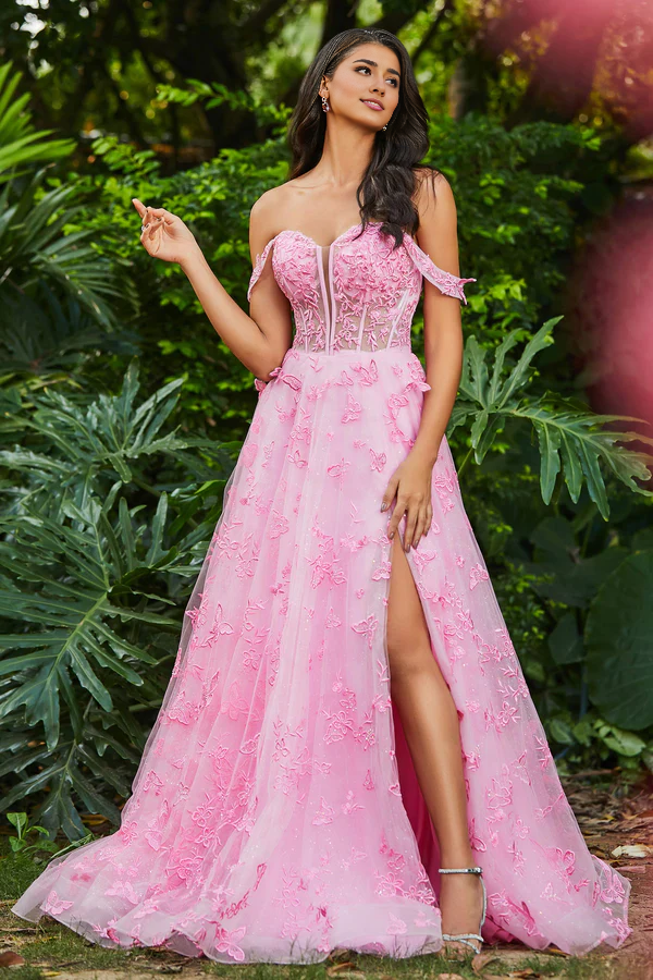 omberprom Elegant Prom Dresses Strapless Butterfly Applique Sweep Train Gown With Slit