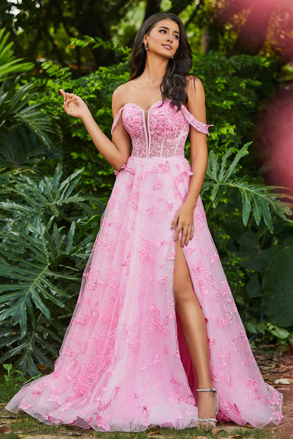 omberprom Elegant Prom Dresses Strapless Butterfly Applique Sweep Train Gown With Slit