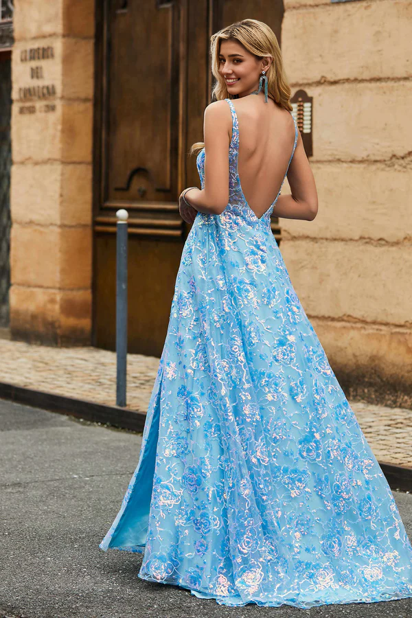 omberprom Fashion A Line Long Prom Dresses Sparkling Scoop Lace With Slit Charming Evening Party Dress