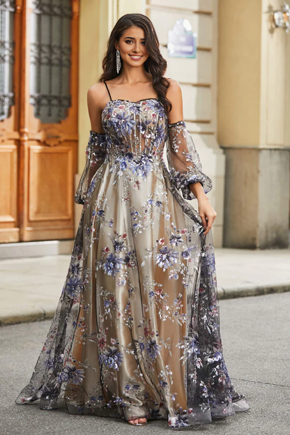 omberprom Fashion Evening Dress Floral Sequins Ruched Satin A-Line Tulle Dress Prom Dresses