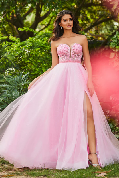 omberprom Elegant Evening Dress Slit Sweetheart Corset Top Beaded Applique Tulle Dress