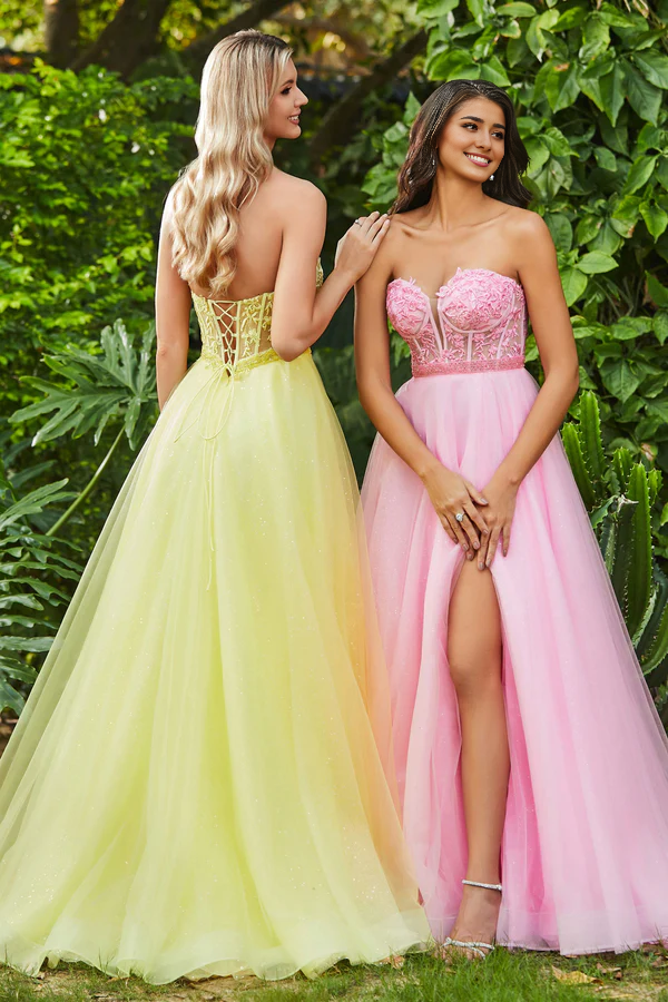 omberprom Elegant Evening Dress Slit Sweetheart Corset Top Beaded Applique Tulle Dress