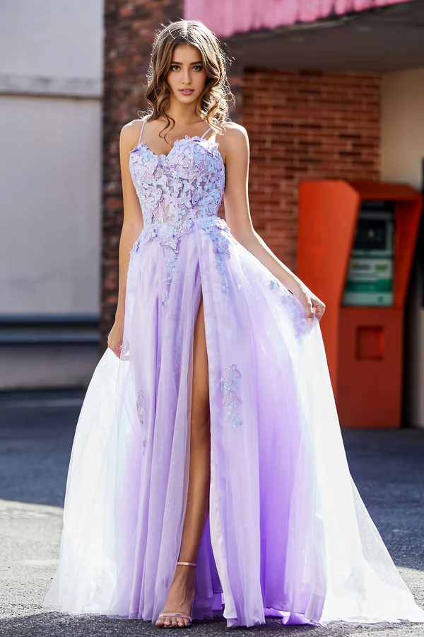 omberprom Sweetheart Prom Dresses Spaghetti Straps Applique A-Line Evening Dress Tulle Floor-Length Dress