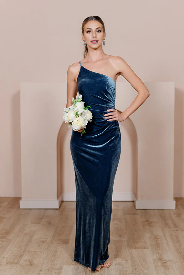 omberprom Elegant Velvet Dress Ruched Formal Dress for Wedding Guest Prom Dresses
