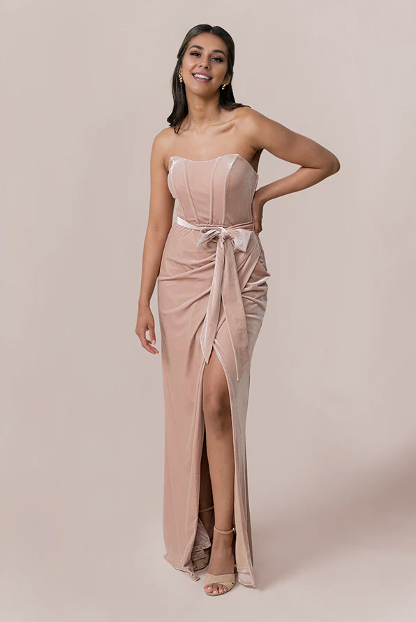omberprom Elegant Smooth Chest Velvet Dress With Slit Formal Dress for  Wedding Guest Dress