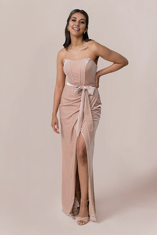 omberprom Elegant Smooth Chest Velvet Dress With Slit Formal Dress for  Wedding Guest Dress