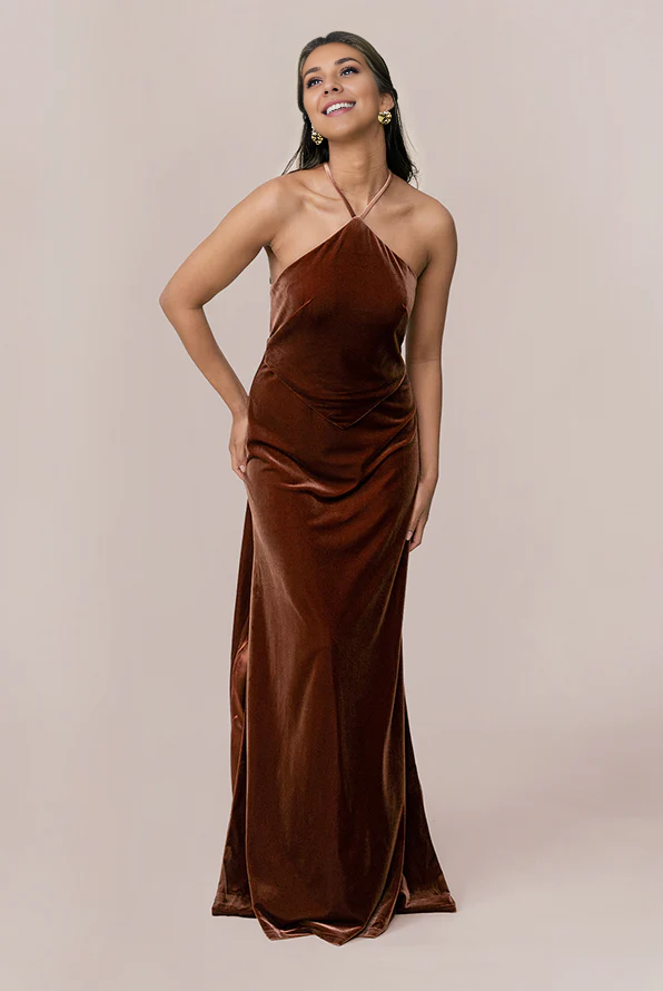 Liymcdress Elegant Hanging The Neck And Exposing The Back Velvet Dress With Slit Formal Dress for Wedding Guest Dress