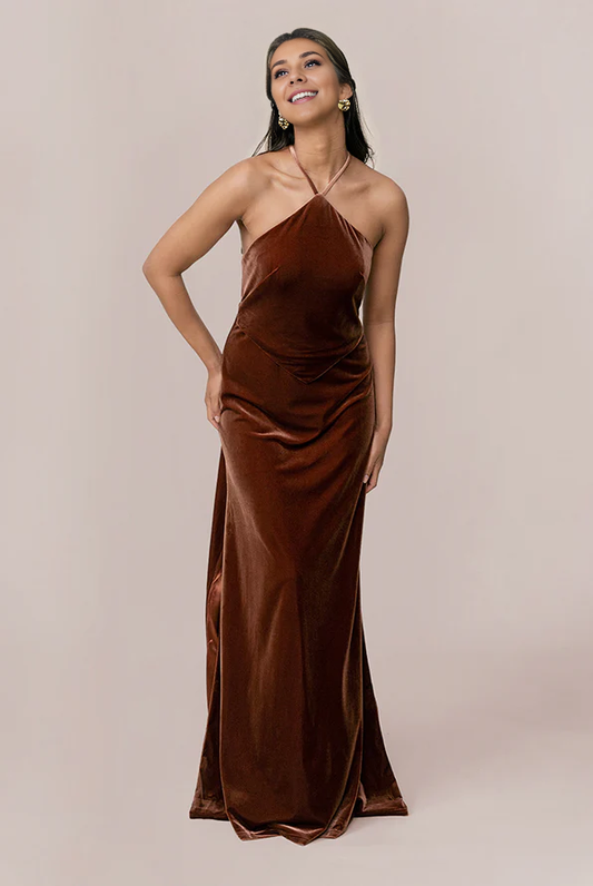 omberprom Elegant Hanging The Neck And Exposing The Back Velvet Dress With Slit Formal Dress for Wedding Guest Dress