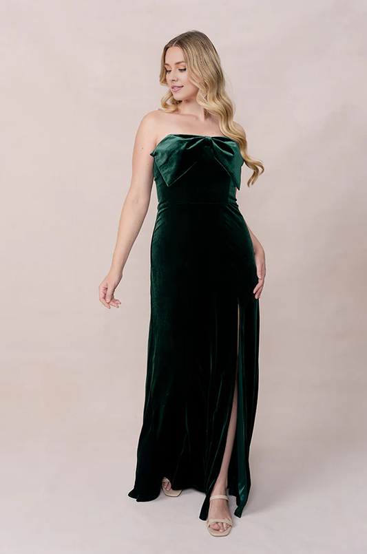 omberprom Elegant Velvet Dress Ruched  Formal Dress With Tie for Wedding Guest Dresses