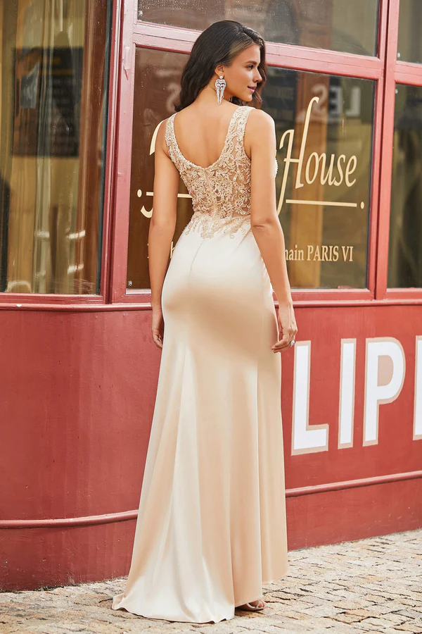 omberprom Fashion Prom Dresses Square Neckline Applique Evening Dress Sheath Gown With Slit