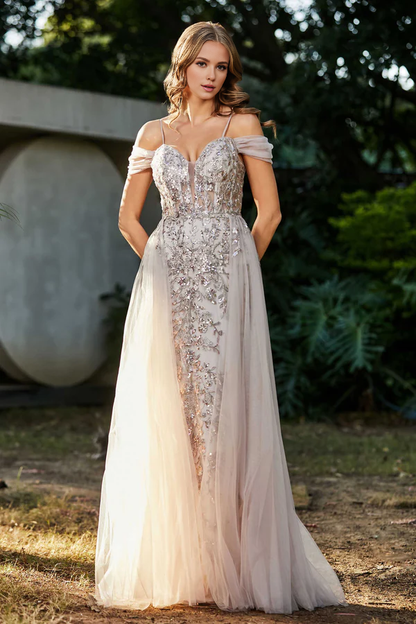 omberprom Elegant Beaded A-Line Prom Dresses Off the Shoulder Tulle Dress Evening Dress