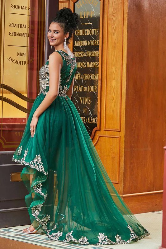 omberprom Fashion Dark-Green Evening Dress Asymmetrical Rhinestone Applique A-Line Prom Dresses Tulle Dress