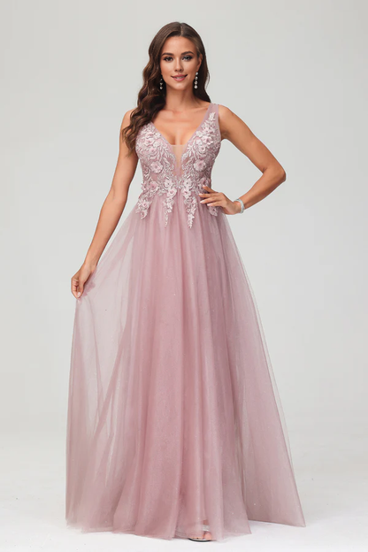omberprom A Line Prom Dresses Applique V Neck Evening Dress Beaded Tulle Floor Length Dress