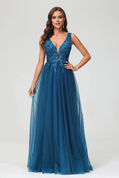 omberprom A Line Prom Dresses Applique V Neck Evening Dress Beaded Tulle Floor Length Dress