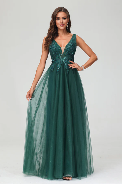 omberprom A Line Prom Dresses Applique V Neck Evening Dress Beaded Tulle Floor Length Dress
