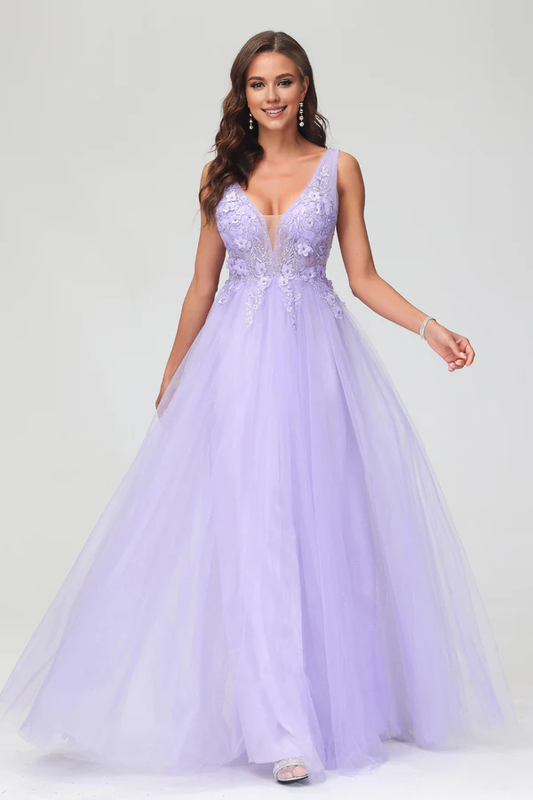omberprom A Line Prom Dresses Applique V Neck Evening Dress Beaded Tulle Floor Length Dress