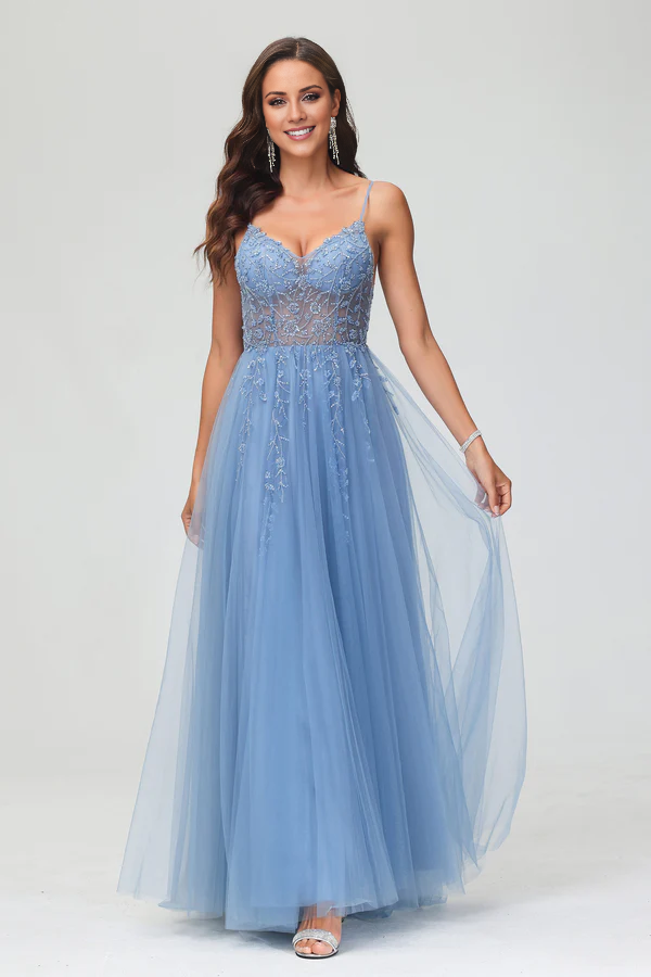 omberprom Fashion Prom Dresses Spaghetti Straps A-Line Tulle Sweep Train Dress With Slit Evening Dress