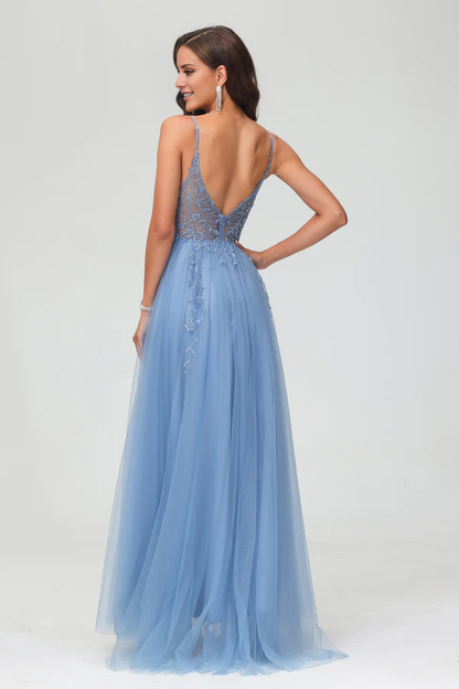omberprom Fashion Prom Dresses Spaghetti Straps A-Line Tulle Sweep Train Dress With Slit Evening Dress