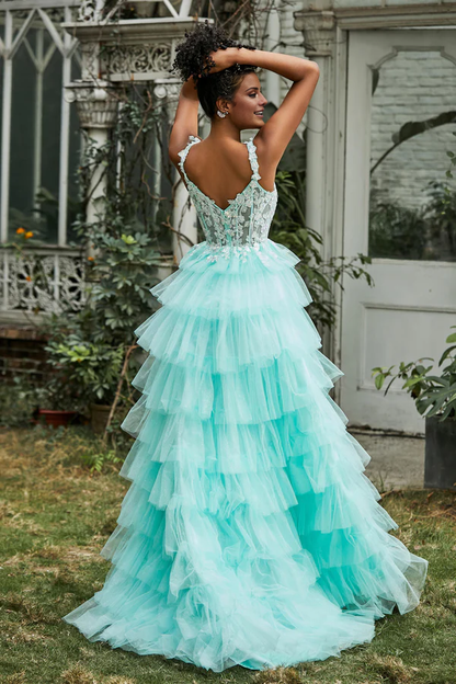 omberprom Elegant A-Line Prom Dresses Sweetheart Tiered Tulle Gown Evening Dress