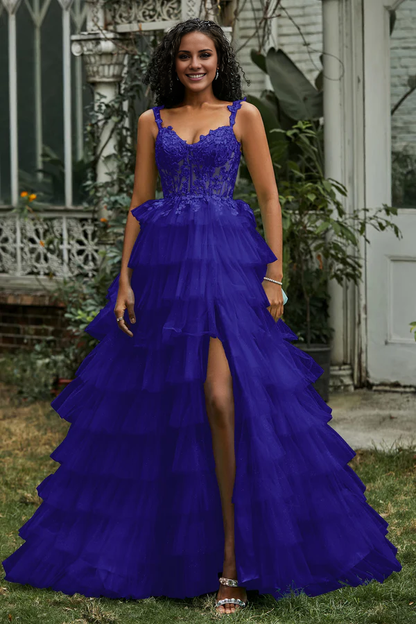 omberprom Elegant A-Line Prom Dresses Sweetheart Tiered Tulle Gown Evening Dress