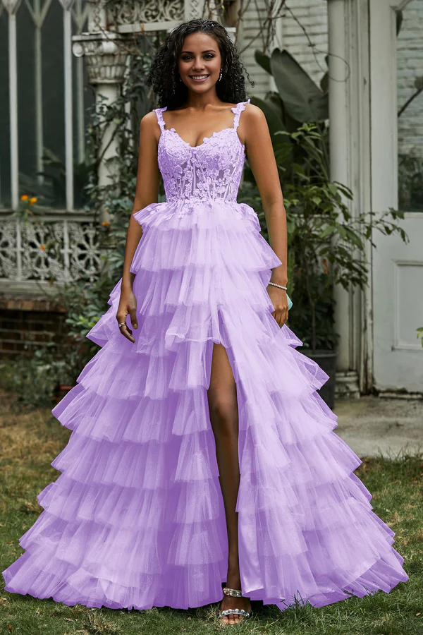omberprom Elegant A-Line Prom Dresses Sweetheart Tiered Tulle Gown Evening Dress