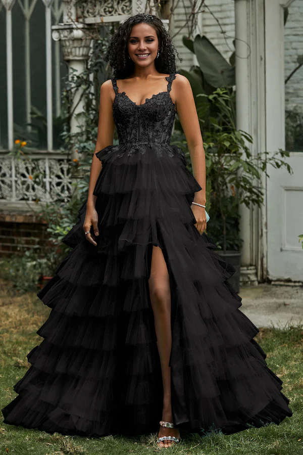 omberprom Elegant A-Line Prom Dresses Sweetheart Tiered Tulle Gown Evening Dress