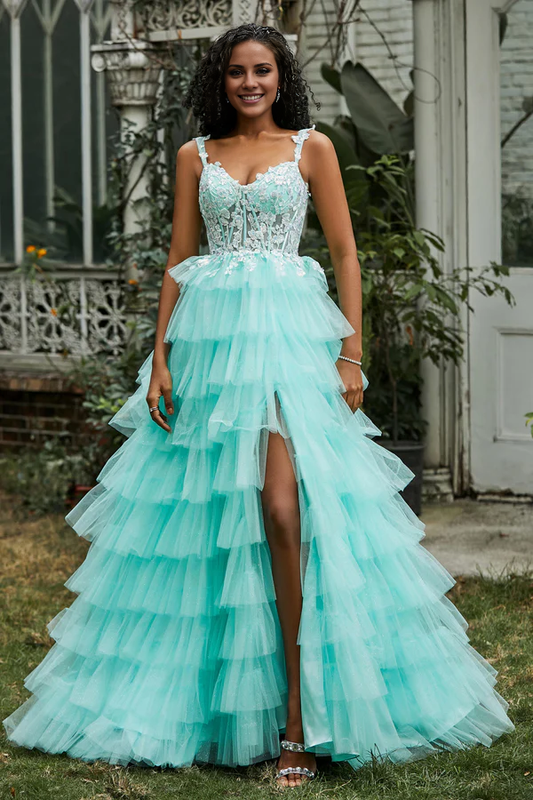 omberprom Elegant A-Line Prom Dresses Sweetheart Tiered Tulle Gown Evening Dress