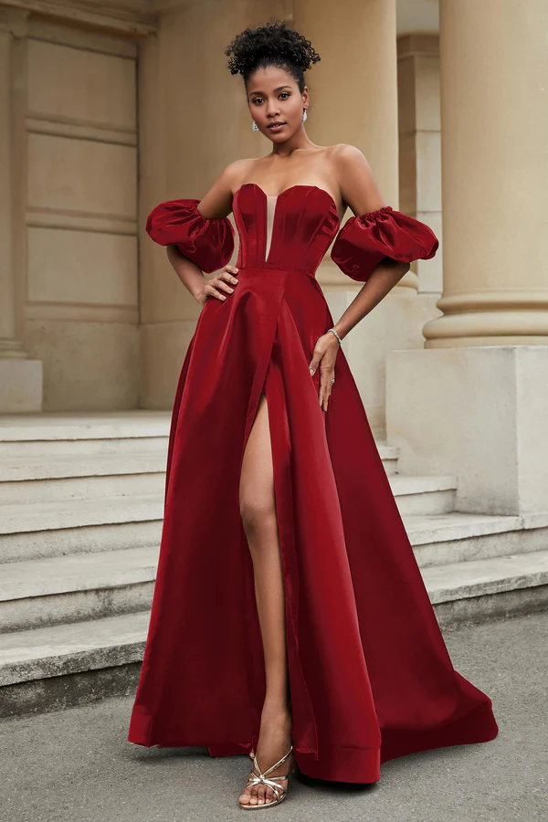 omberprom Elegant A Line Evening Dress Strapless Long Prom Dresses With Slit Simple Party Dress
