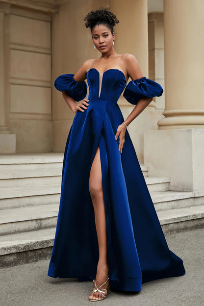 omberprom Elegant A Line Evening Dress Strapless Long Prom Dresses With Slit Simple Party Dress