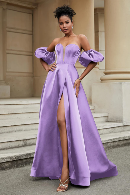 omberprom Elegant A Line Evening Dress Strapless Long Prom Dresses With Slit Simple Party Dress