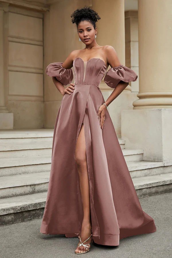 omberprom Elegant A Line Evening Dress Strapless Long Prom Dresses With Slit Simple Party Dress