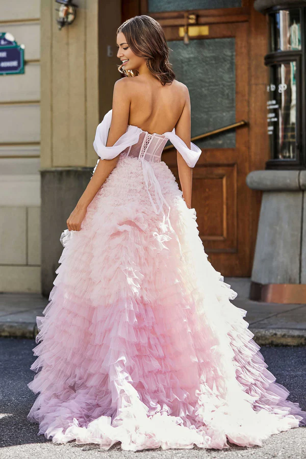 omberprom Elegant Prom Dresses Lace Up Back Ruffle Tiered Tulle Gown Evening Dress
