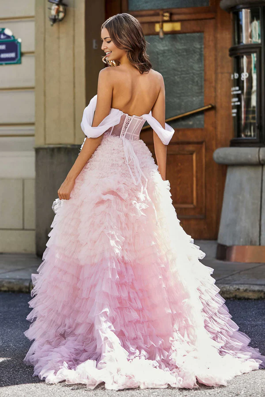 omberprom Elegant Prom Dresses Lace Up Back Ruffle Tiered Tulle Gown Evening Dress