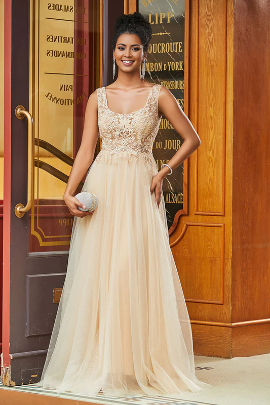 omberprom Elegant Evening Dress Scoop Neck Applique A-Line Prom Dresses Tulle Long Dress