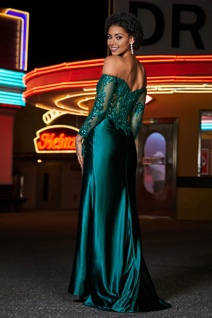omberprom Elegant Dark-Green Prom Dresses Beaded Bodice High Slit Satin Gown Evening Dress