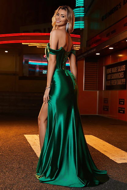 omberprom Elegant Prom Dresses Off Shoulder Pleated Sweep Train Gown With Slit Evening Dress