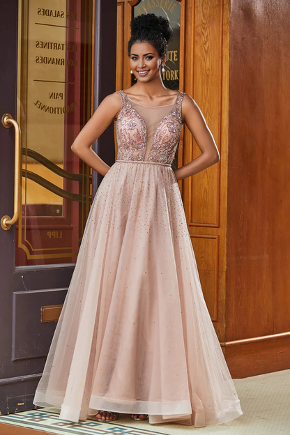 omberprom Elegant Evening Dress Beaded Rhinestone A-Line Sleeveless Long Prom Dresses