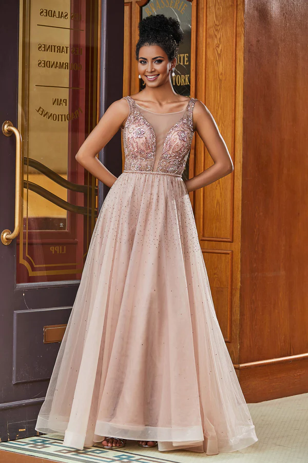omberprom Elegant Evening Dress Beaded Rhinestone A-Line Sleeveless Long Prom Dresses