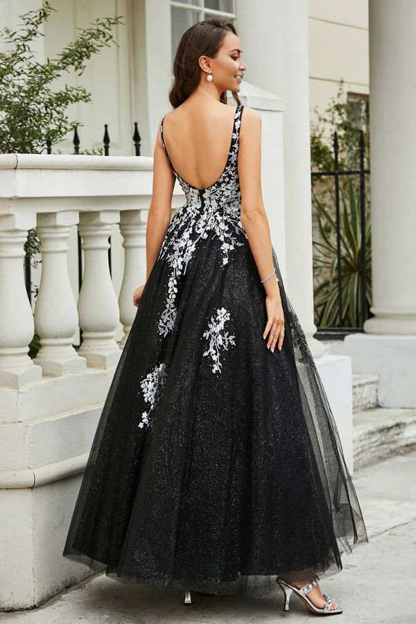 omberprom Elegant Prom Dresses A-Line Plunging V-neck Evening Dress Tulle Gown