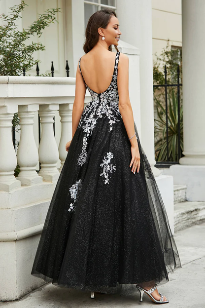 omberprom Elegant Prom Dresses A-Line Plunging V-neck Evening Dress Tulle Gown
